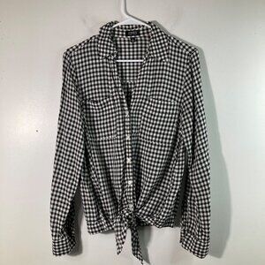 Womens Jones New York Gingham Button Tie Front Shirt  Black White S‎ Viscose
